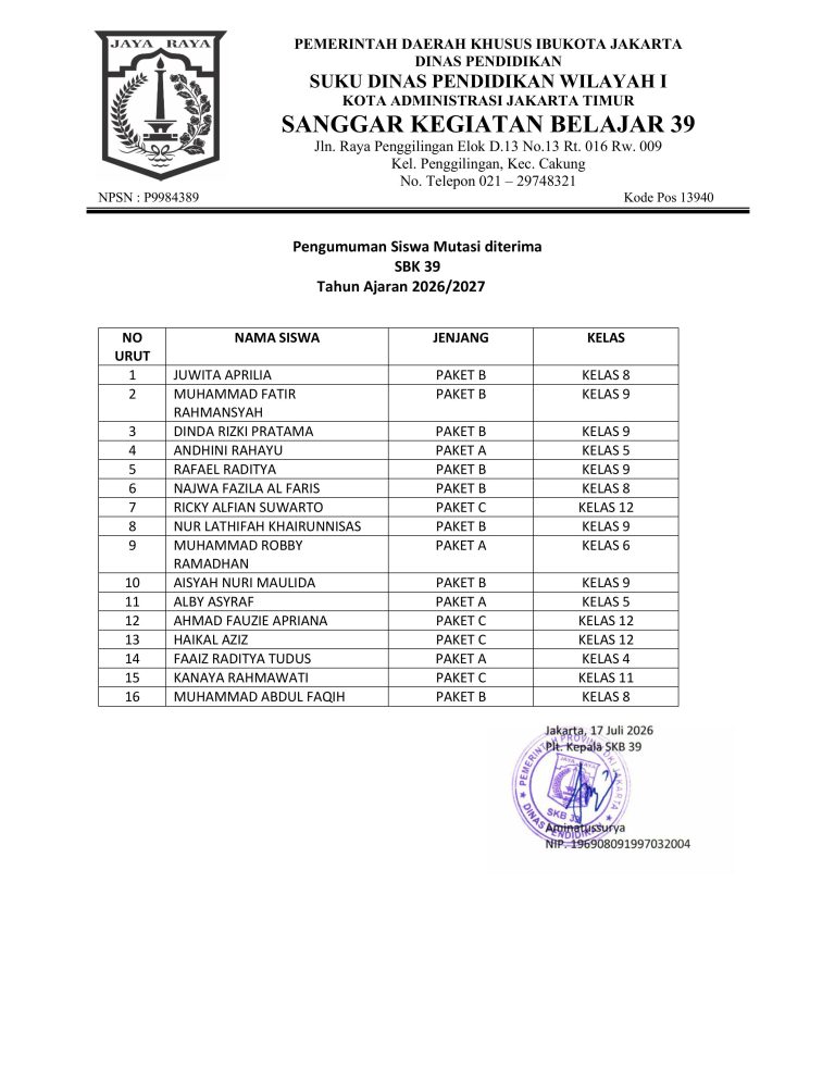 PENGUMUMAN SISWA MUTASI 11